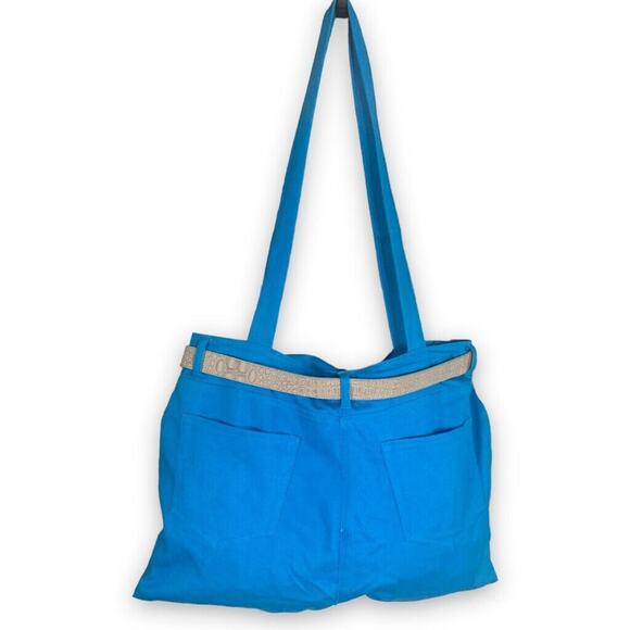 Upcycled Maxi Tote Bag Vintage Blue Jeans Logos Belt Detail OOAK Handmade Purse - Picture 4 of 15